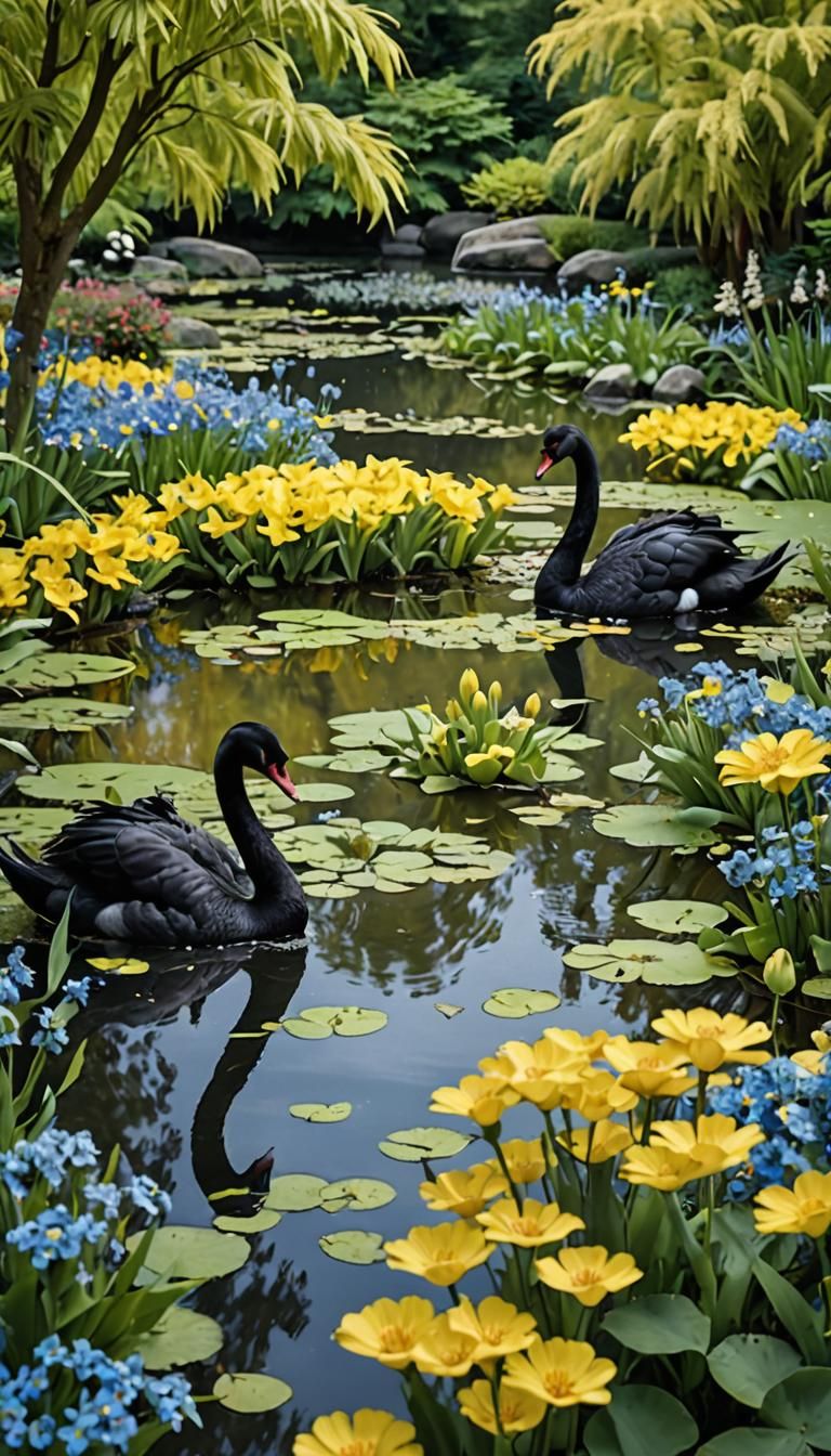Black Swans in a Tranquil Water Garden