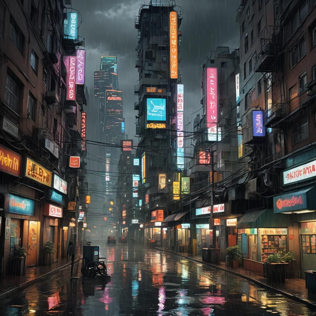 Neon Reflections in Rainy Cyberpunk Cityscape