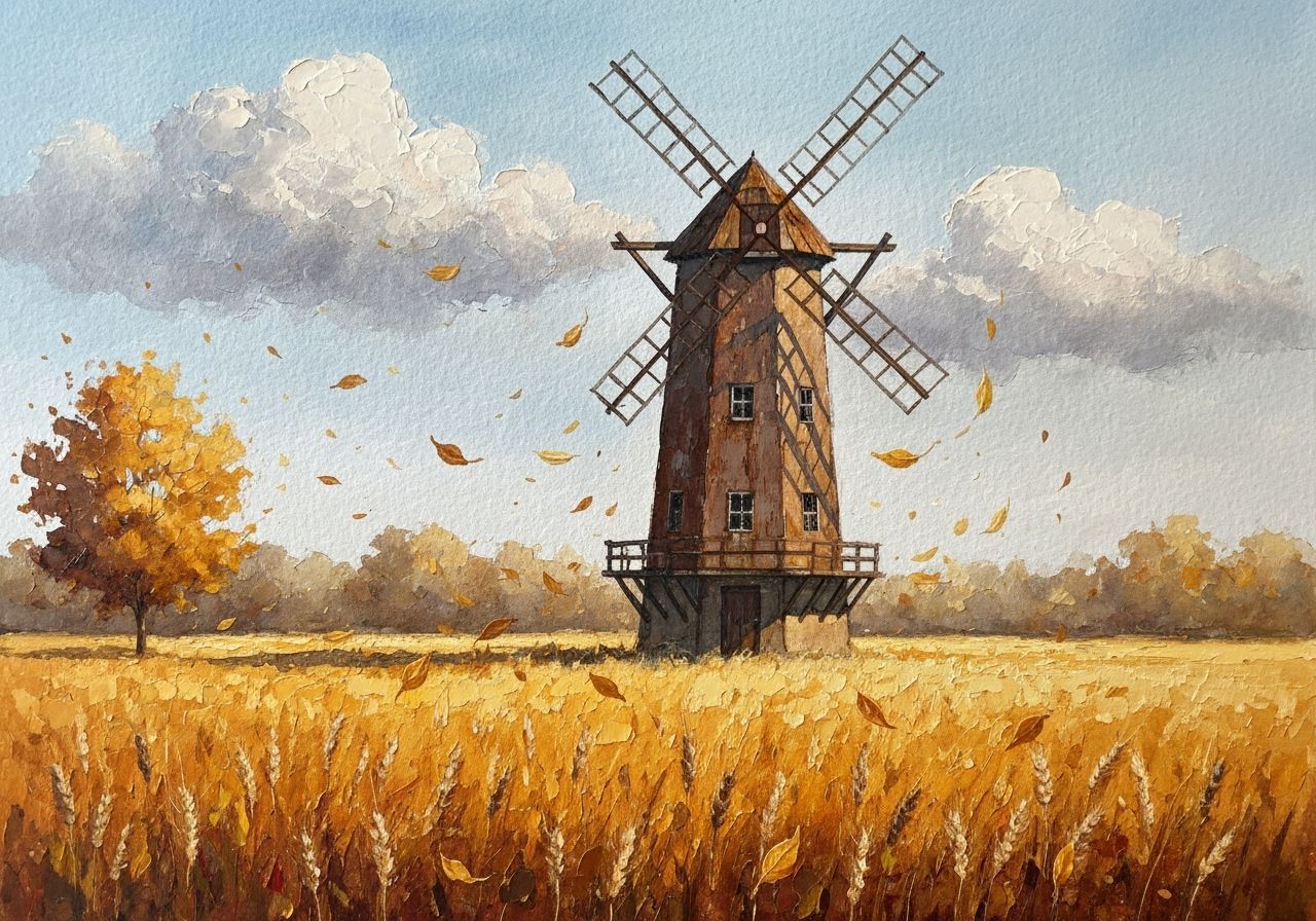 Rustic Autumn Windmill in Golden Wheat Field