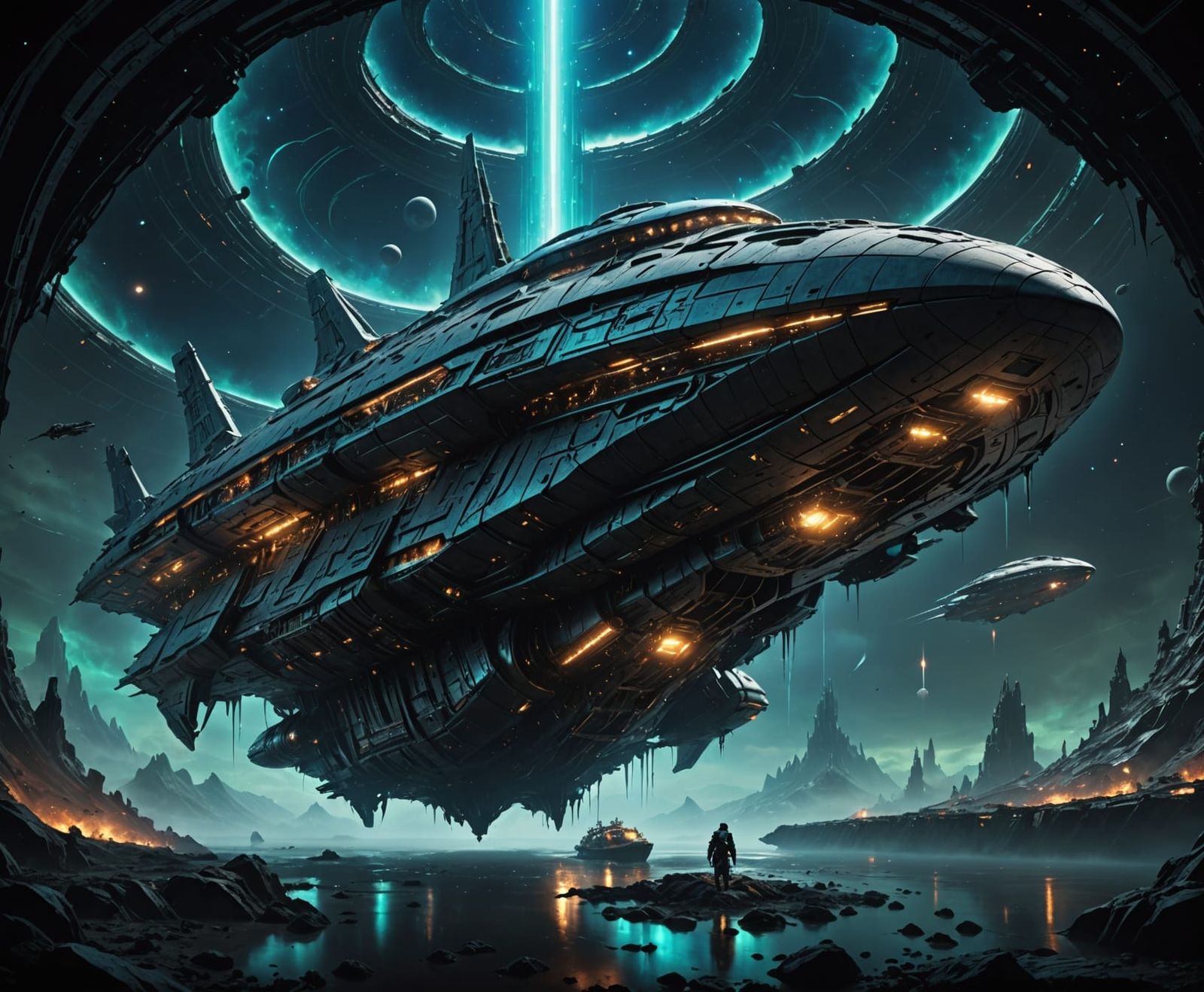 Colossal Bio-Luminescent Starship Amidst Cosmic Dread