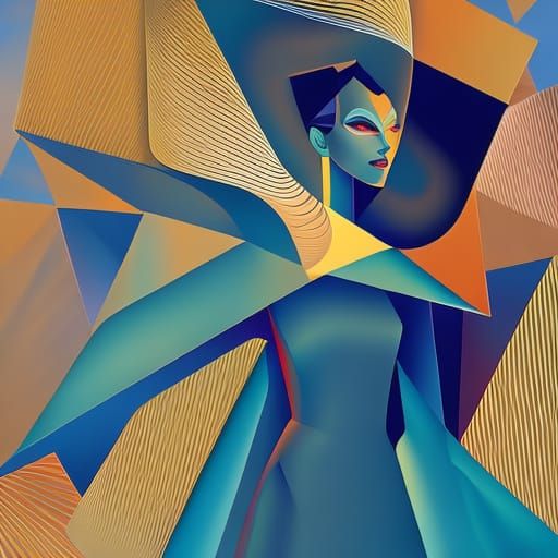 Surreal Flying Woman in Geometric Art Deco Style