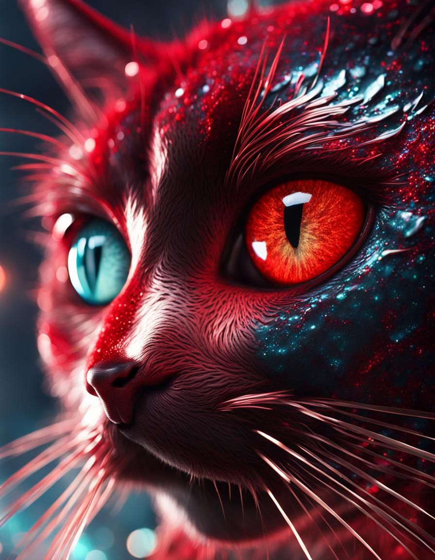 Detailed Red Glitter Cat Eye in Matte Painting Style