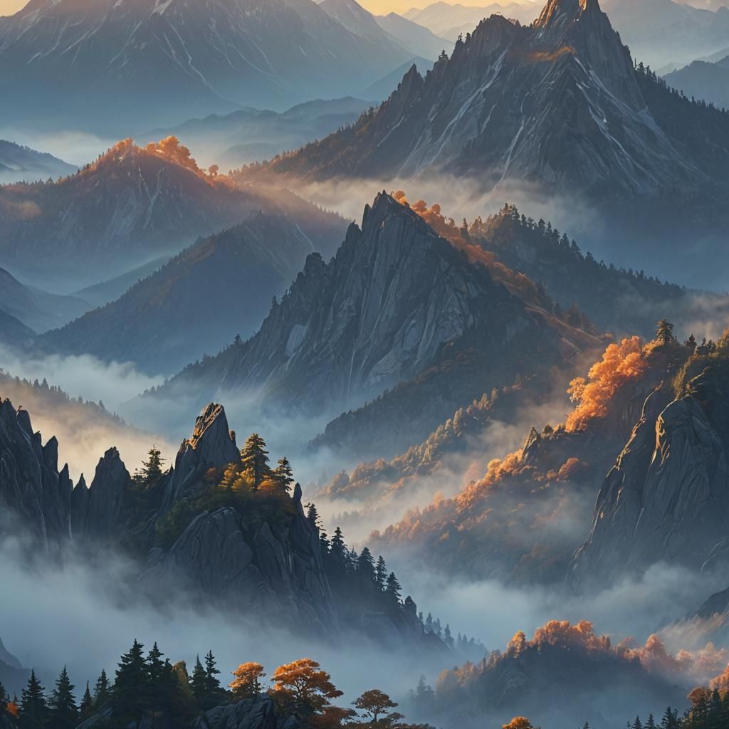 Sunrise Over Misty Mountains: Fantasy Landscape