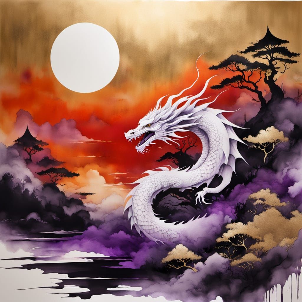 White Dragon in Purple Ink Wash Art