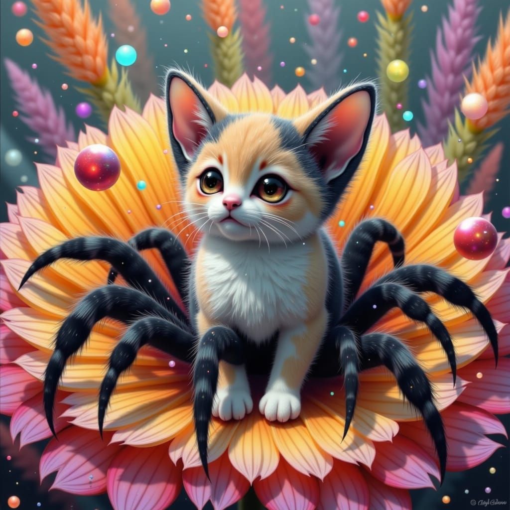 Kitten Spider on Flower in Rainbow Pixar Style