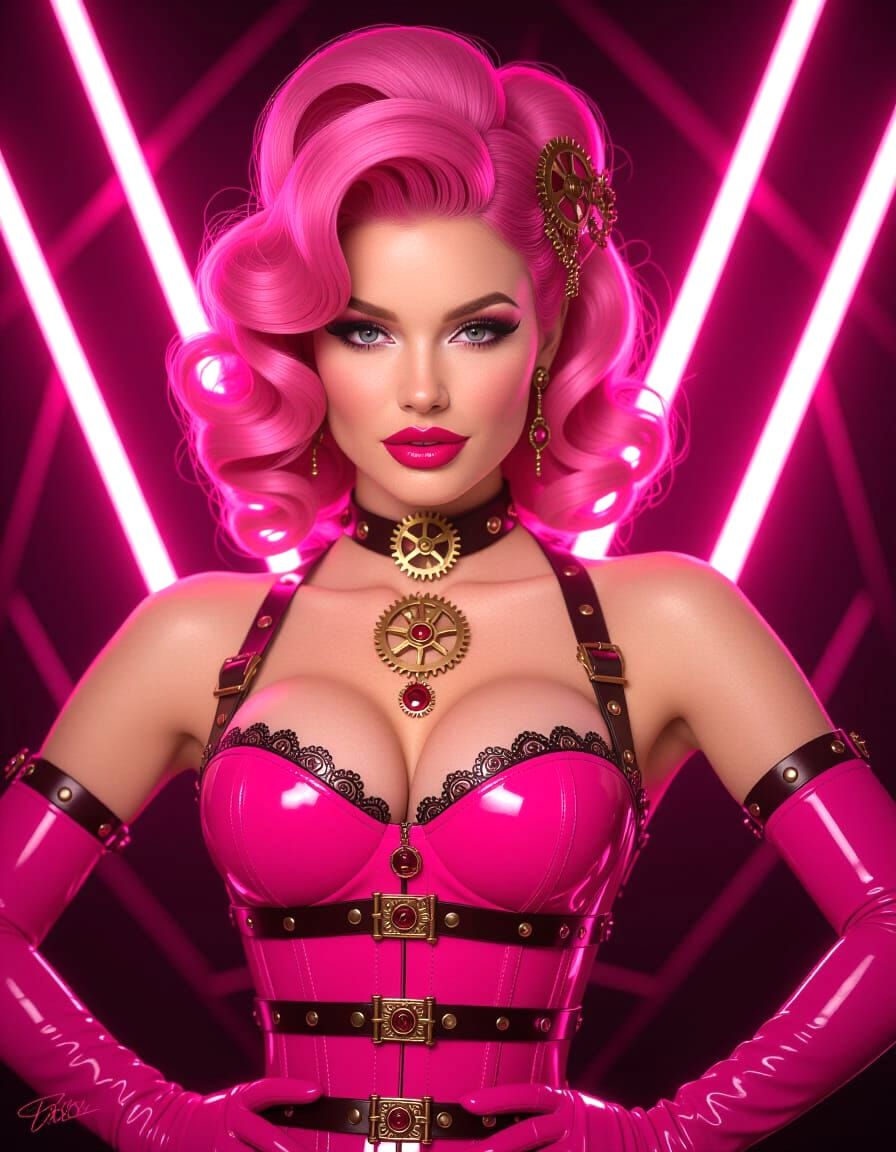 Steampunk Pin-Up Goddess in Pink Latex with Brass Gears