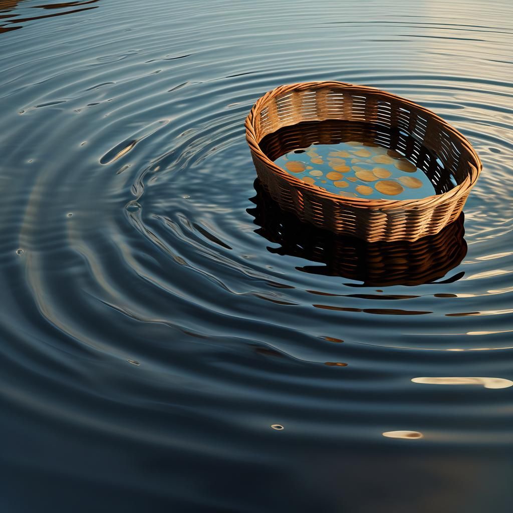 Surreal Wooden Basket Floating: Dreamlike Oil Painting