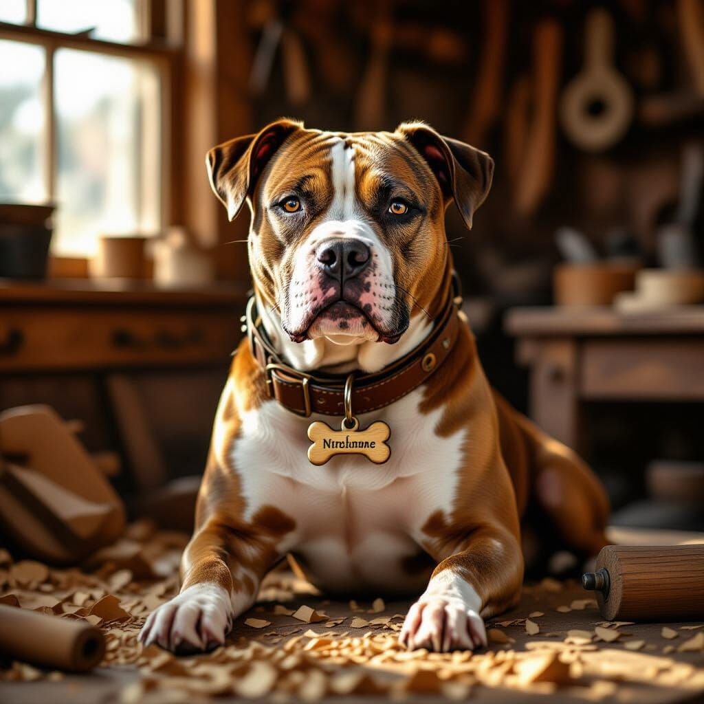 Pit Bull in Woodshop, Hyperrealistic Style
