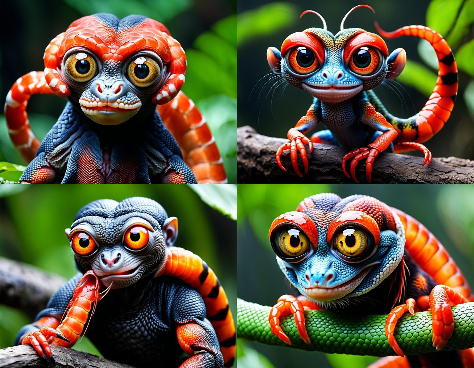 Grotesque Prawn-Snake-Monkey Hybrid with Bulging Eyes