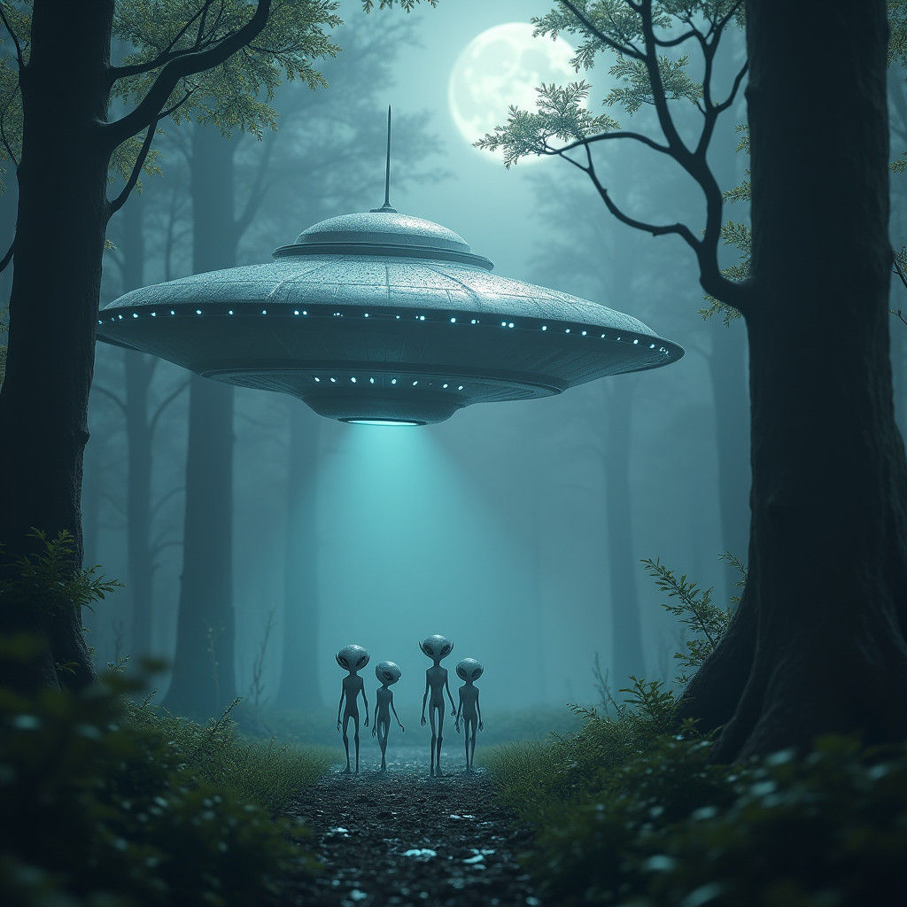 UFO Landing with Aliens in Moonlit Forest