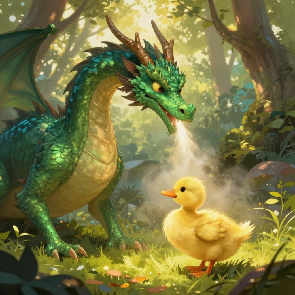Whimsical Dragon and Duckling in Enchanted Forest