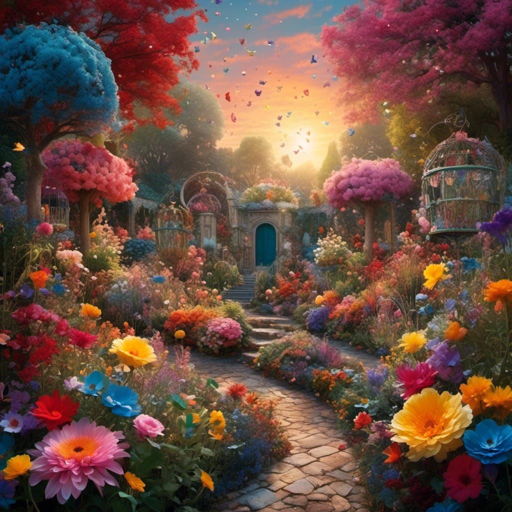 Whimsical Sunset Garden with Colorful Flowers