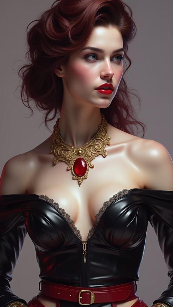 Lady in Ruby Splendor: Intricate Portrait with Dramatic Ligh...