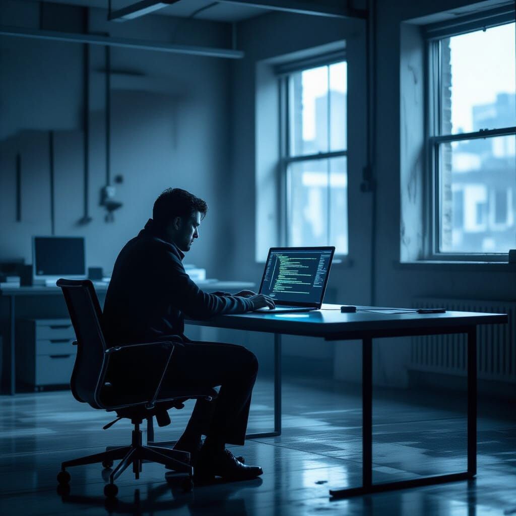 AI Coder in Abandoned Office with Neon Laptop Glow