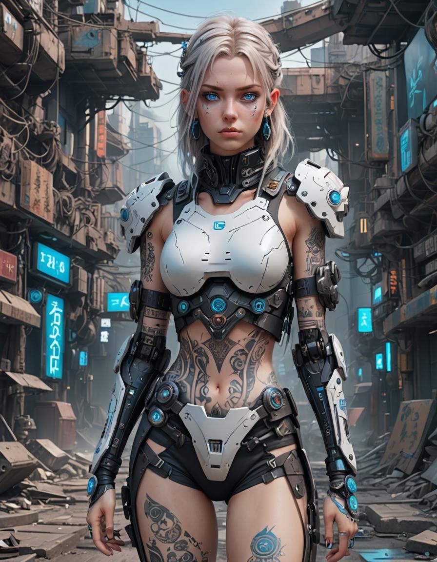 Cyberpunk Tribe Girl with Blue Eyes in Apocalyptic World