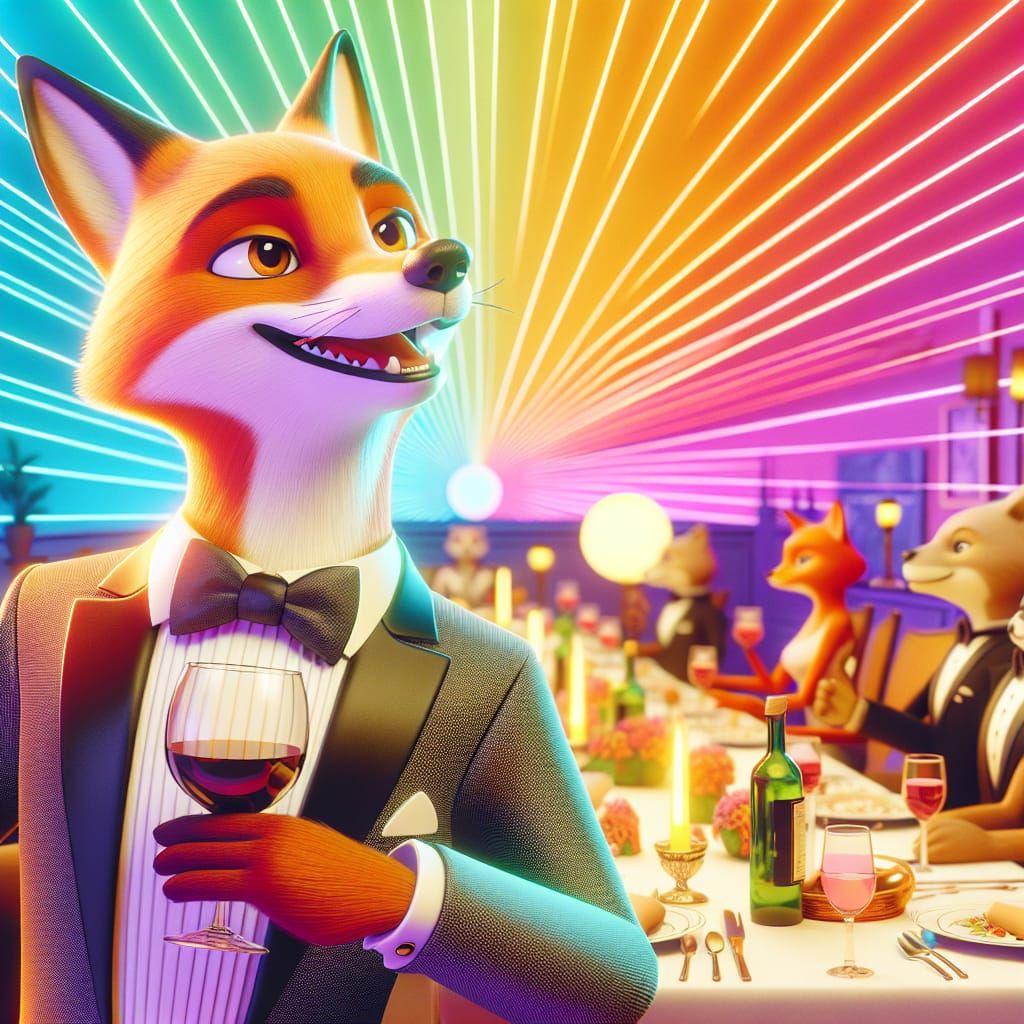 Anthropomorphic Fox in Tuxedo at Dinner Party