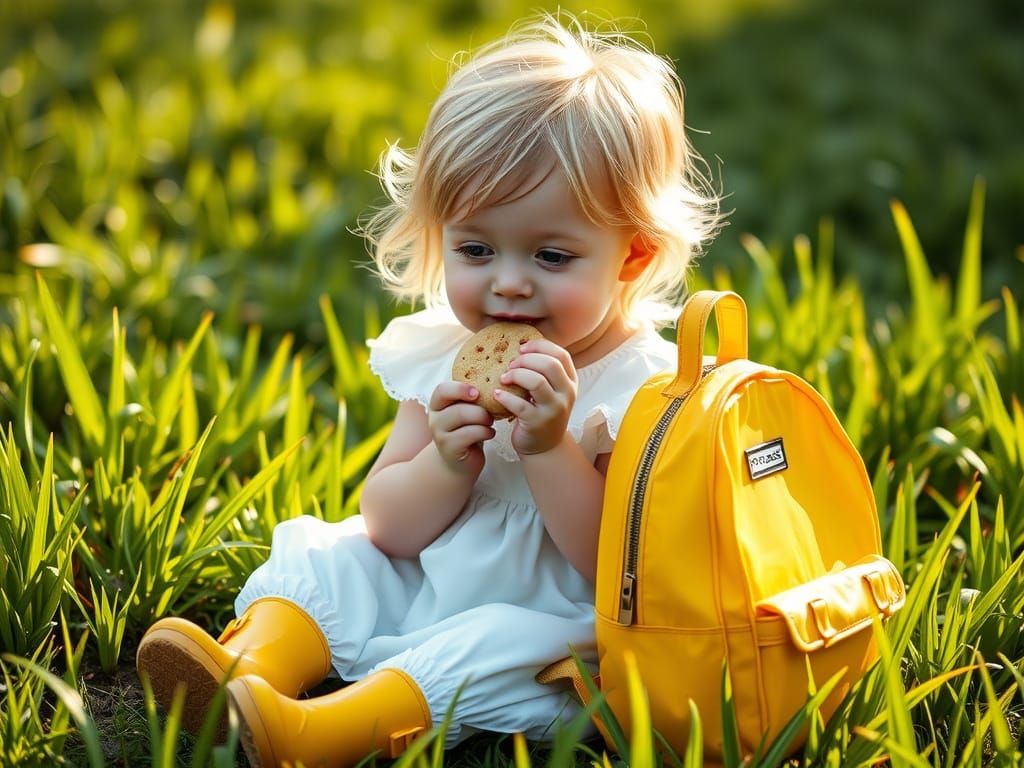 Cute Toddler with Cookie in Lush Green Grass