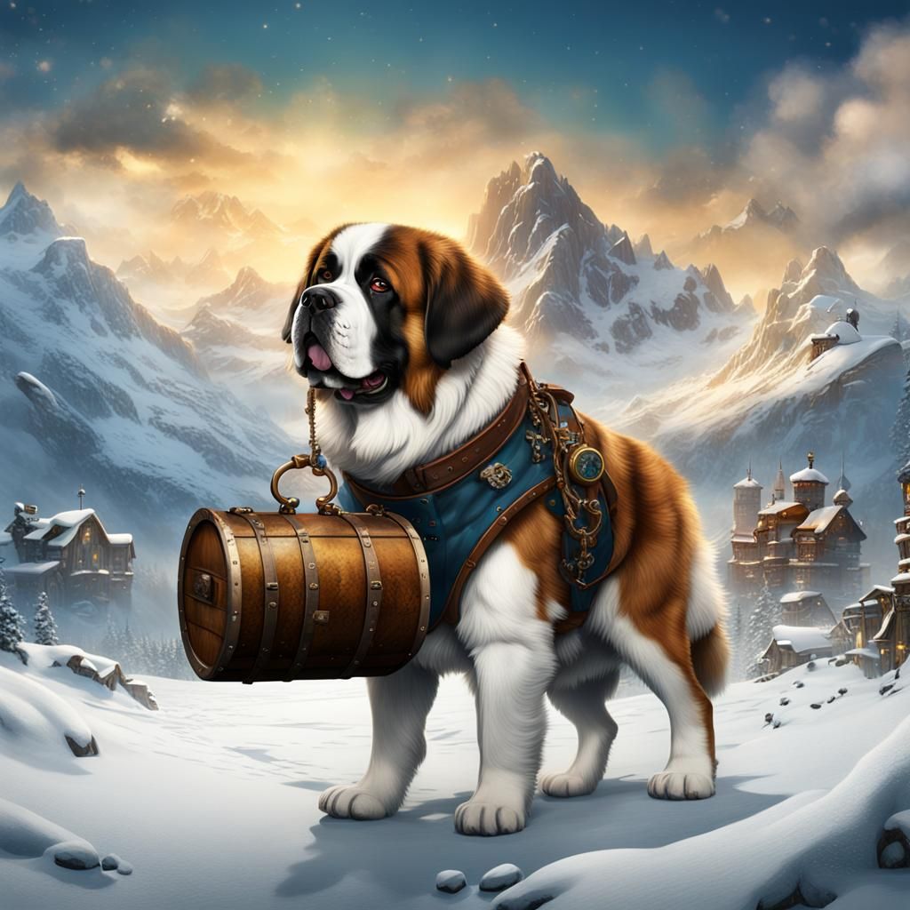 Steampunk St. Bernard in Snowy Mountains