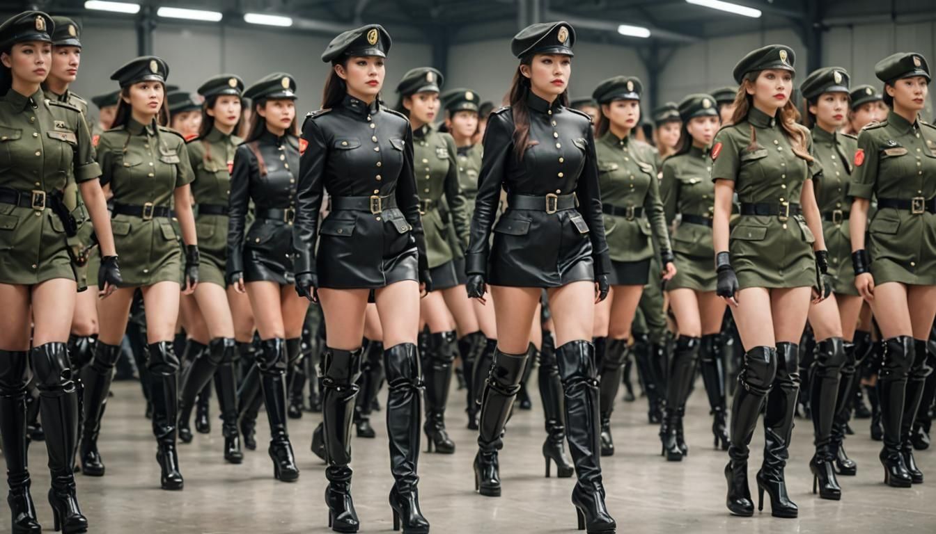 Female Soldiers in Fantasy Military Latex Outfit Stand at At...