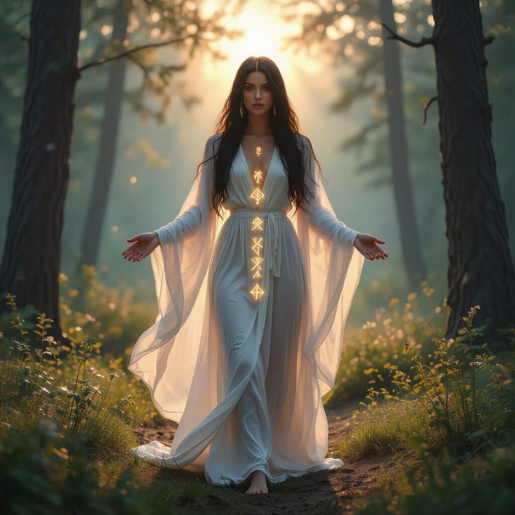 Mystic Nordic Woman in Forest Glade at Sunrise