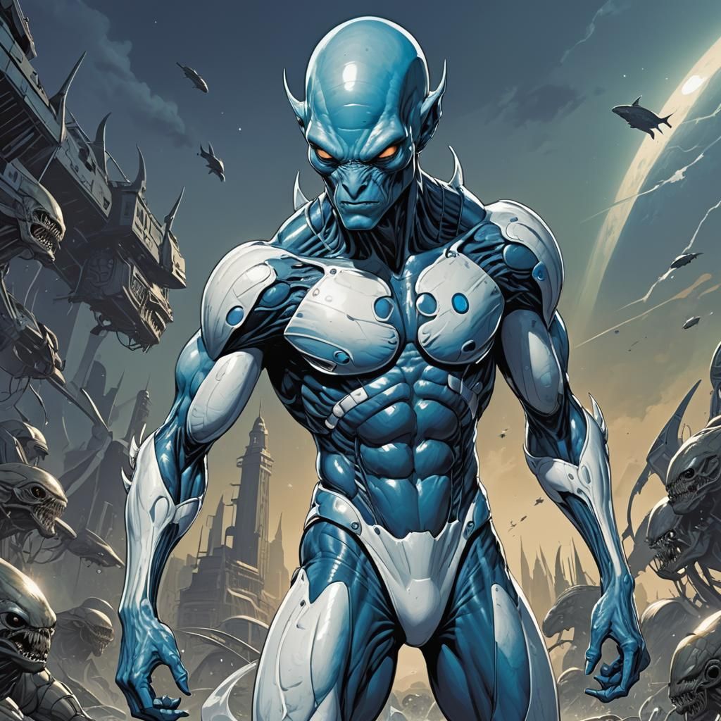 Blue Alien Merman in Comic Book Art Style