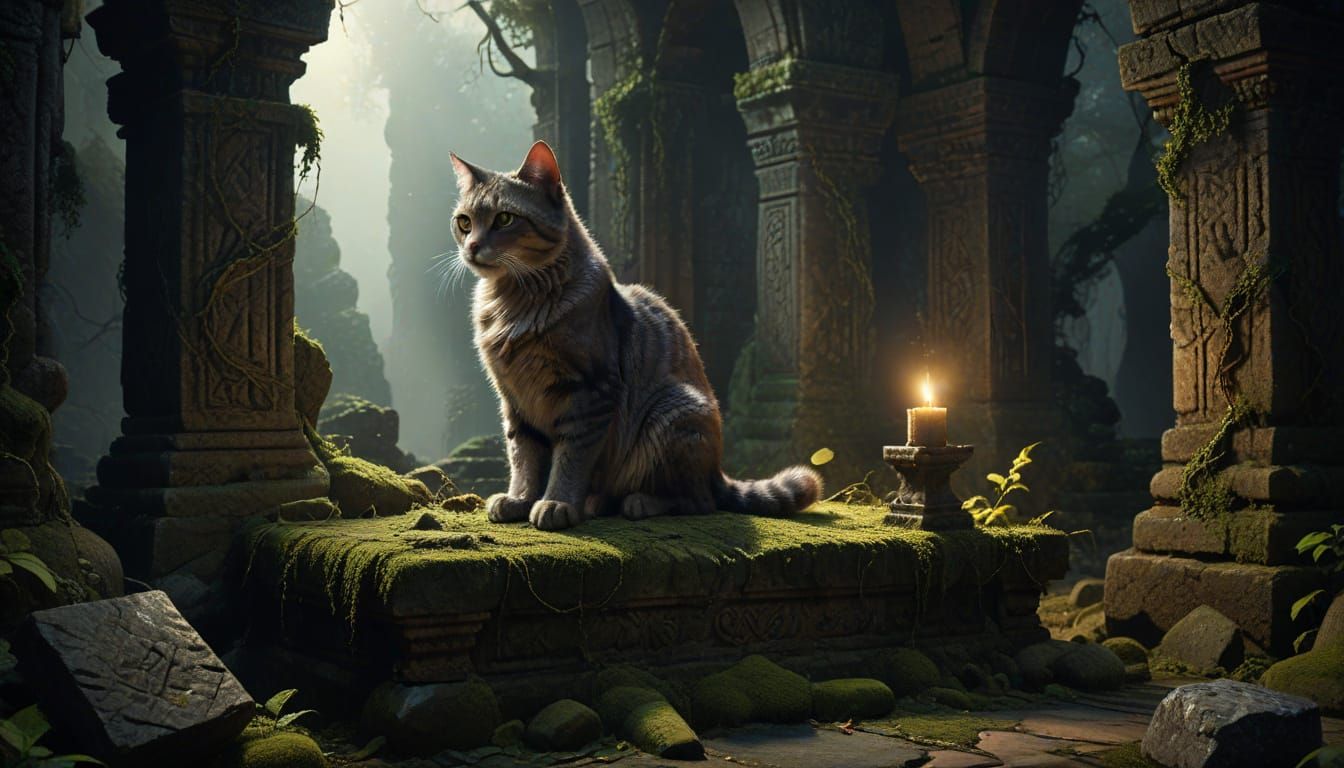 Majestic Cat With Glowing Eyes on Ancient Altar