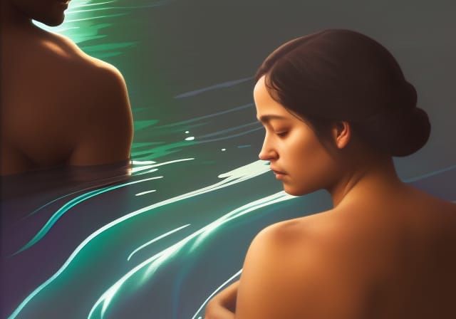 Polynesian Lovers Silhouettes in Moonlight, Art Nouveau Styl...