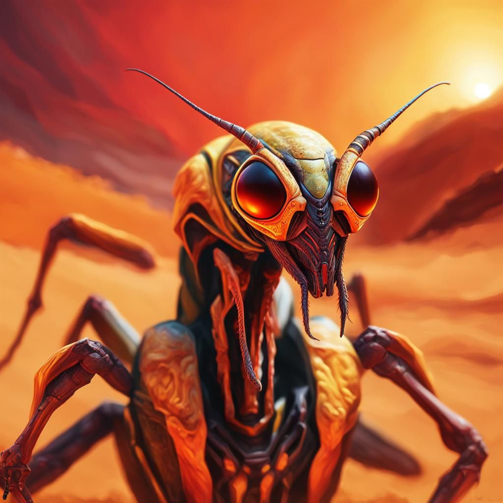 Hyperrealistic Alien Mantis in Red Desert World