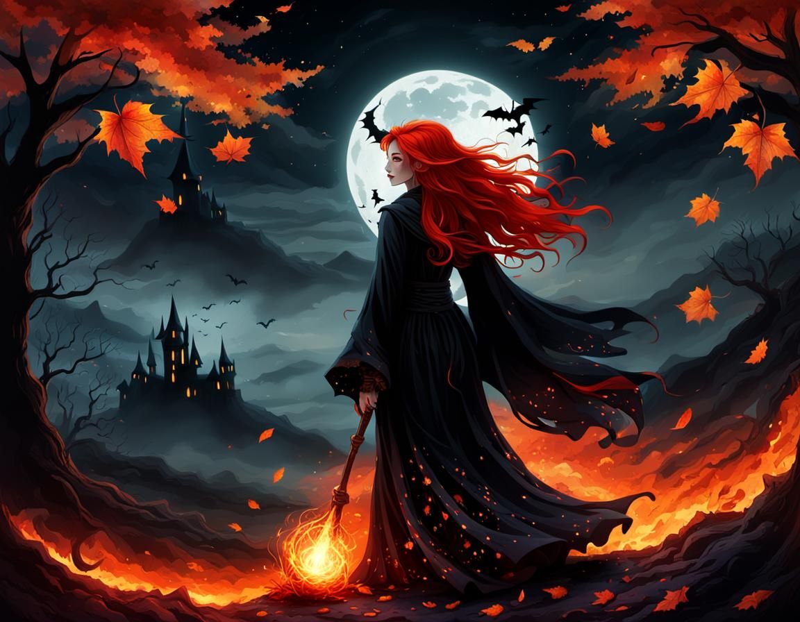 Halloween Witch with Fiery Hair in Digital Painting Style