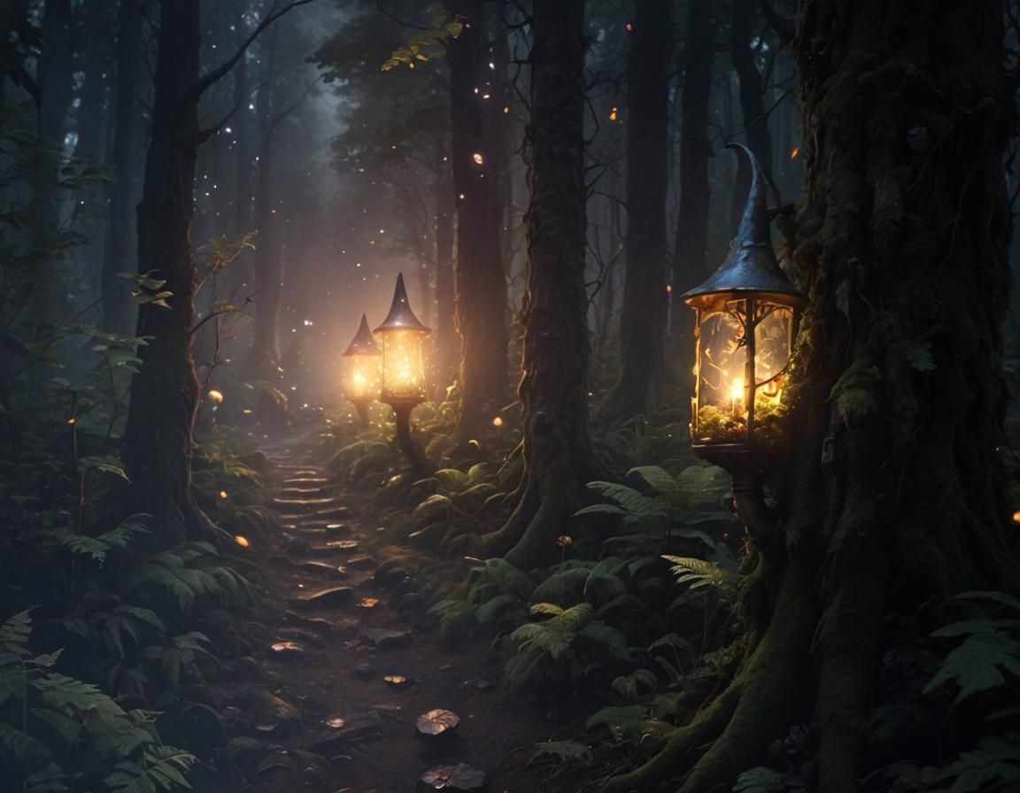 Gnomes Marching in Mystical Forest: Fantasy Illustration