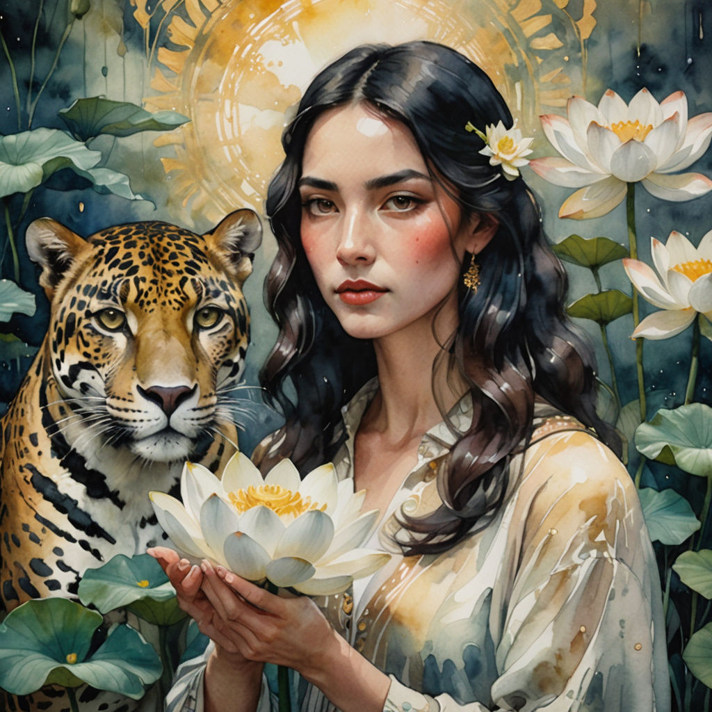 Woman with Jaguar and Lotus in Watercolor Style