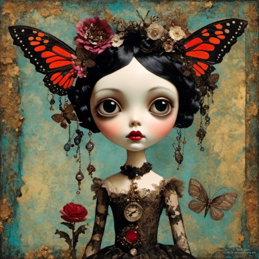 Macabre Dark Fairy in Mixed Media Collage