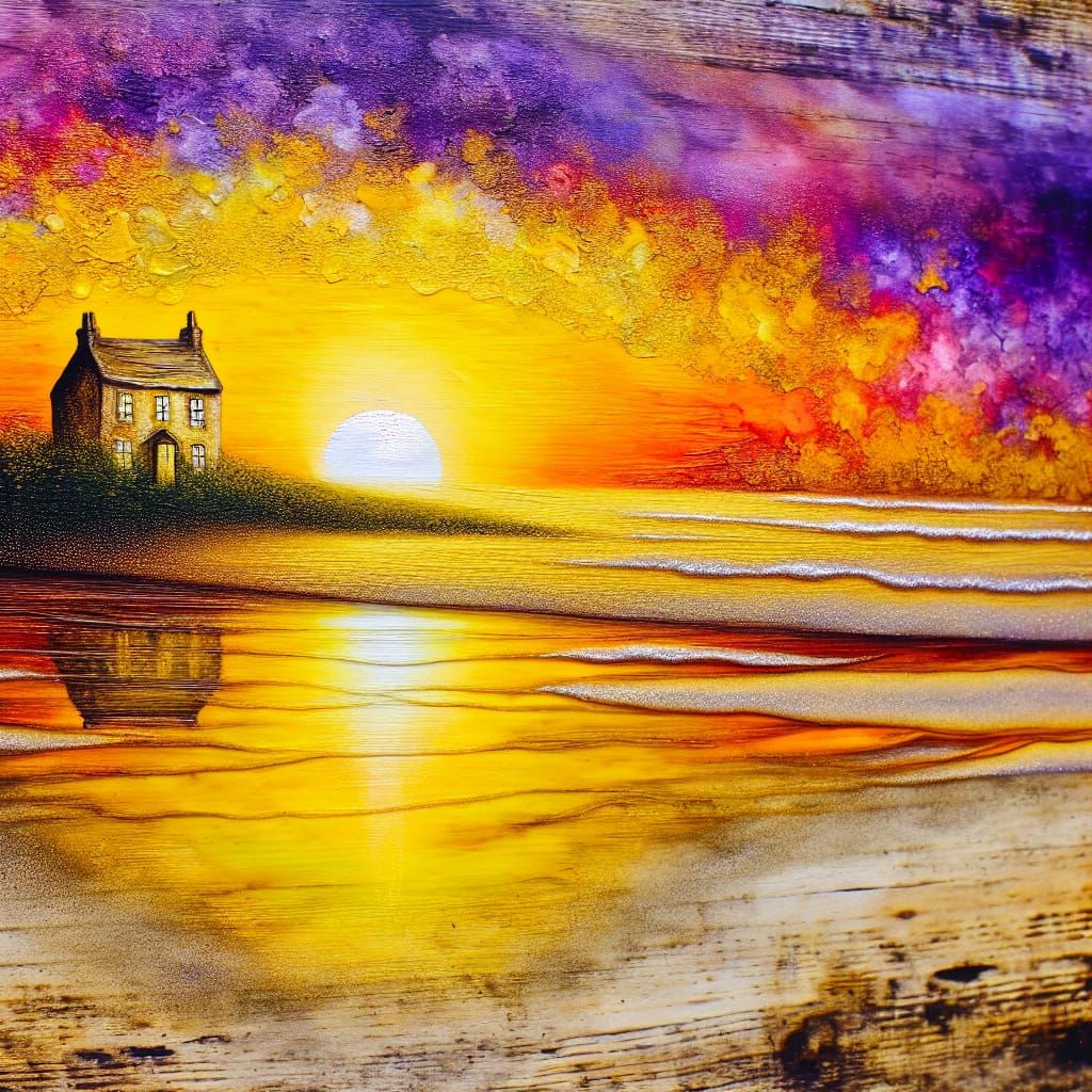 Beach House Sunset Painting on Wood