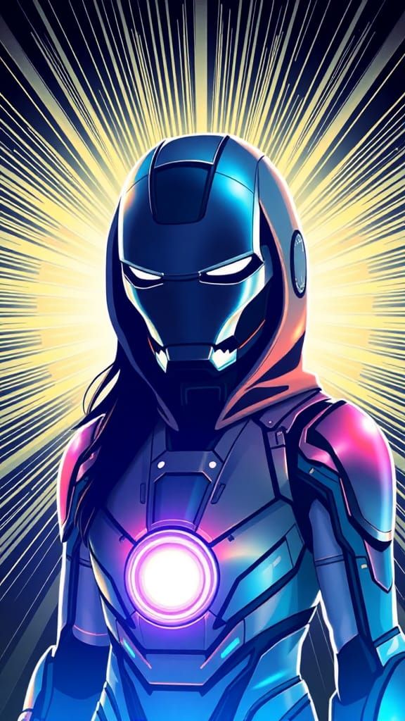 Iridescent Iron Man Portrait in Kinetic Pointillism Style