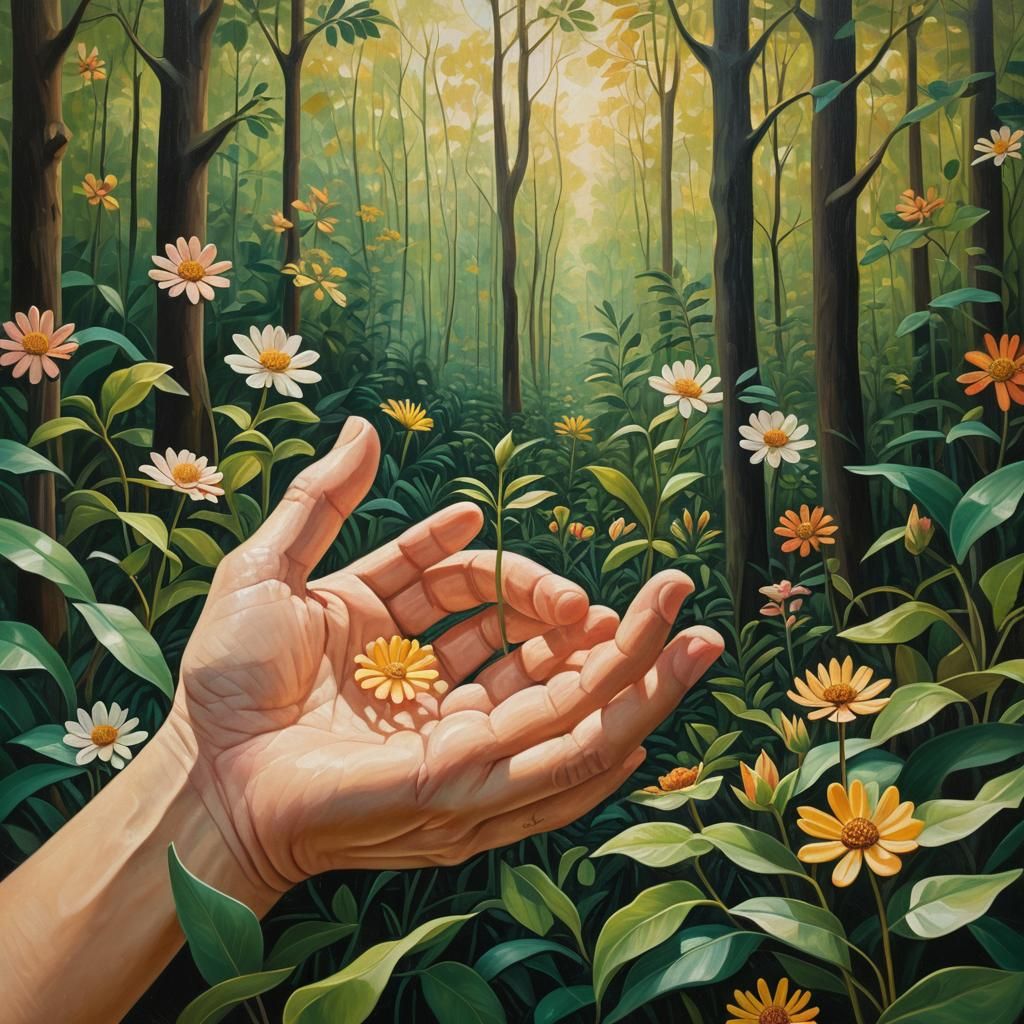 Hands Cradling Flower: Vibrant Oil Painting