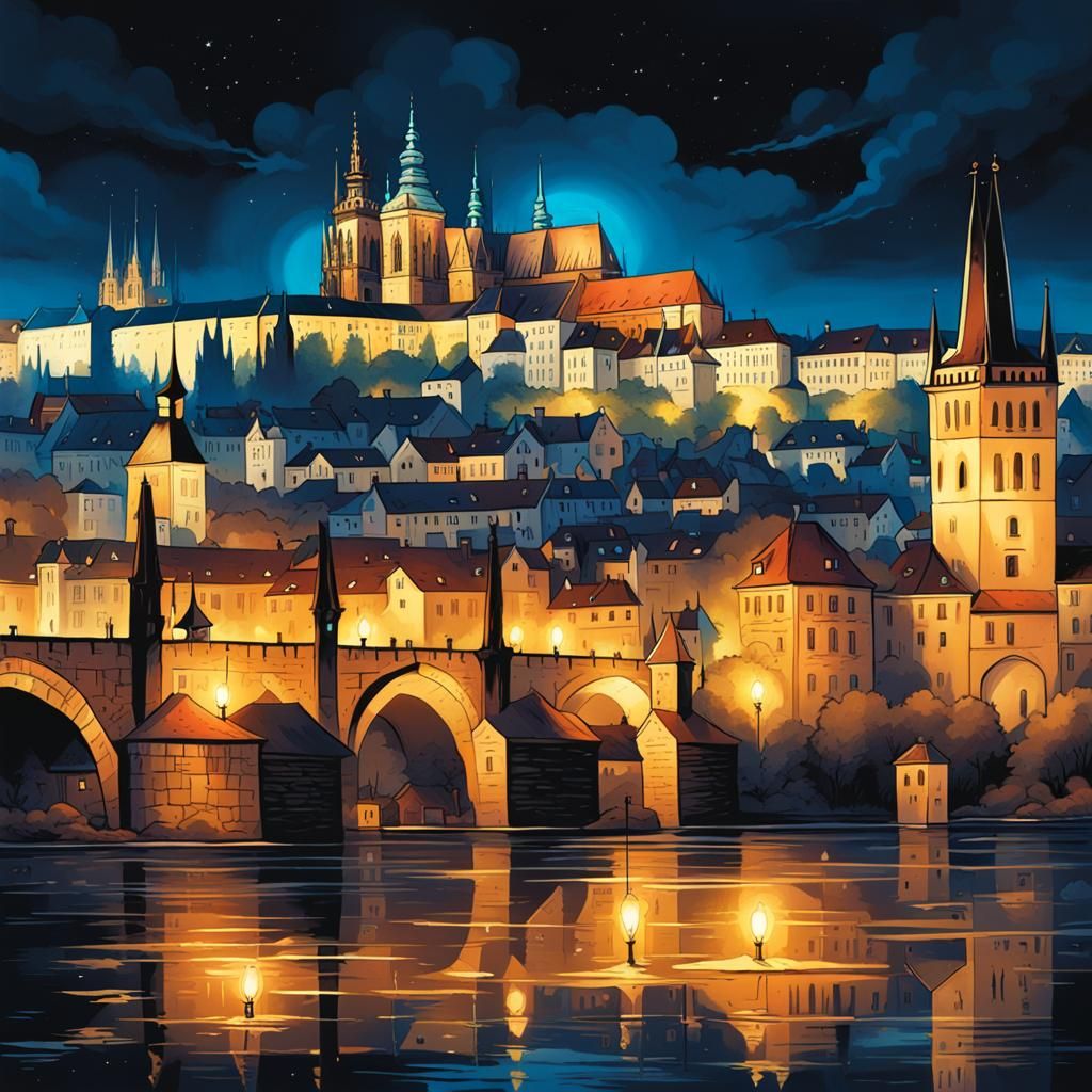 Night Panorama of Old Prague in Comic Book Art