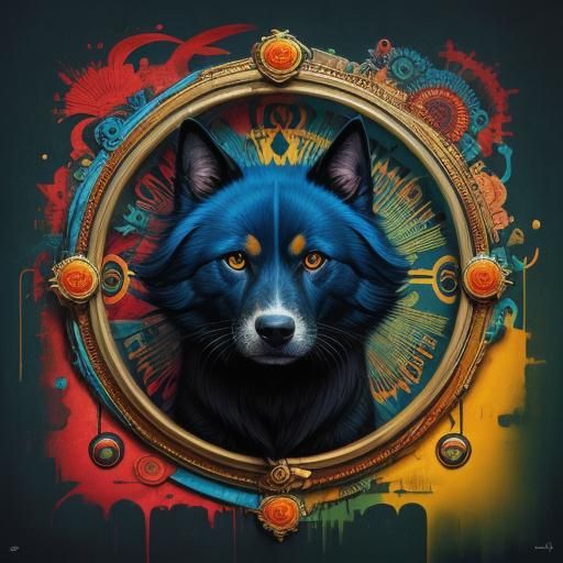 Surreal Dog Cat Conjoined, Colorful Surrealism Art