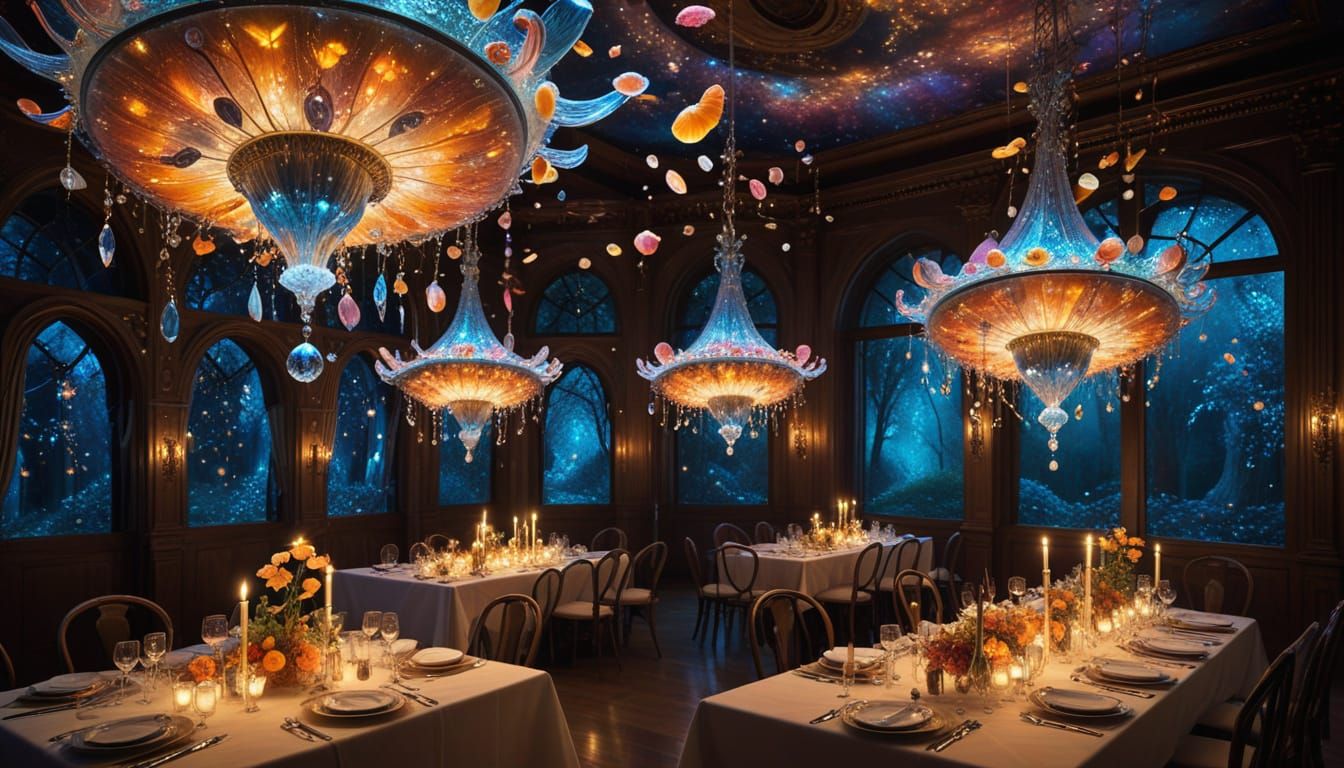 Surreal Banquet of Floating Food in Psychedelic Colors