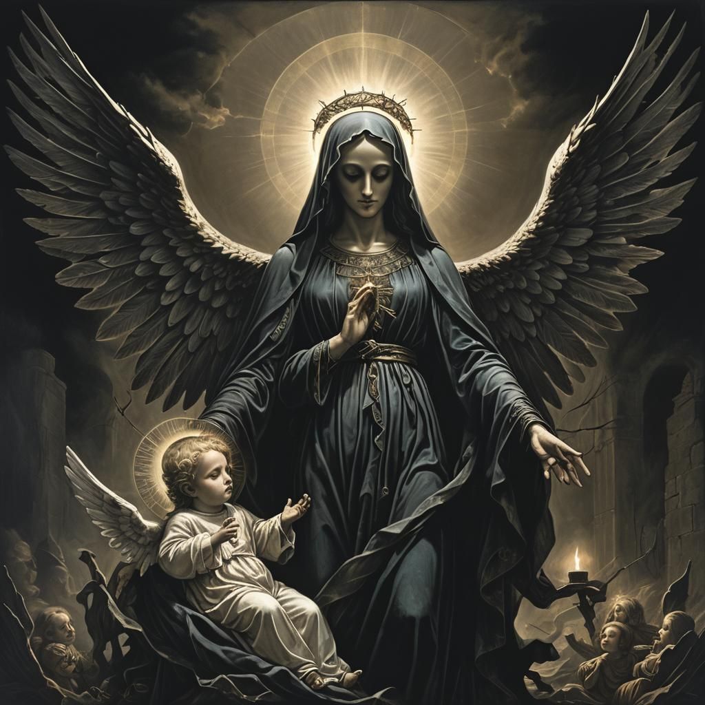Eerie Gothic Surrealism: The Virgin Mary and Angel