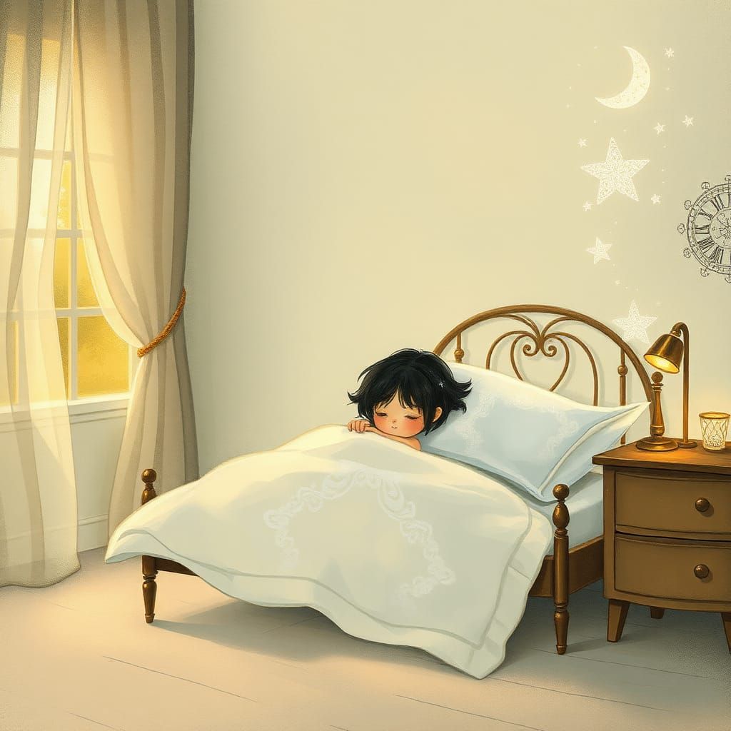Dreamy Bedroom Scene with Sandman, Whimsical Illustration