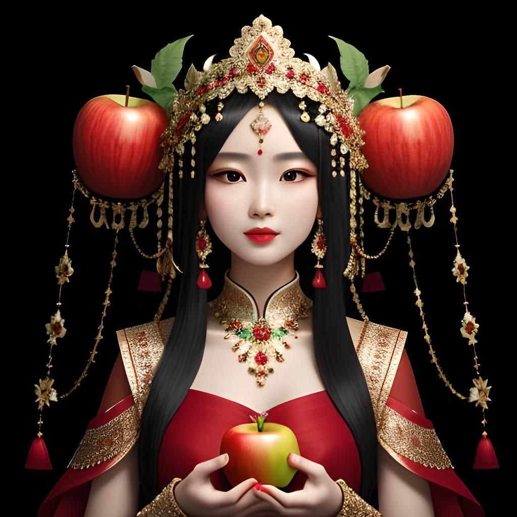 Elegant Woman in Apple Headdress: High Resolution 3D Art