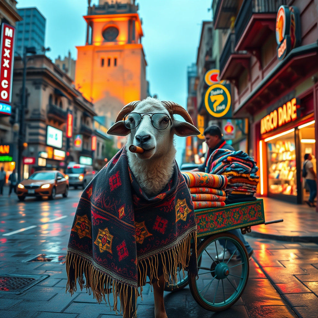 Tattooed Sheep Blanket Vendor in Mexico City