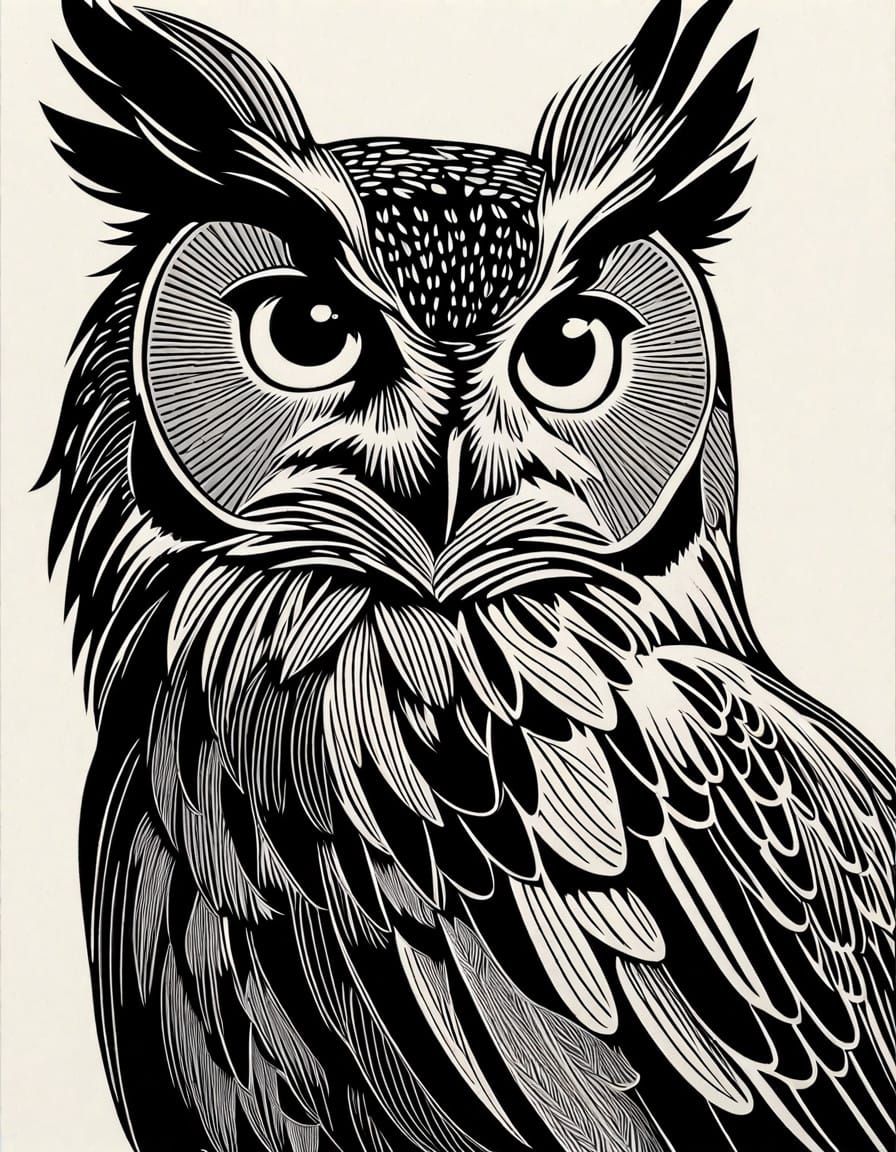 Moonlit Owl in Geometric Lino-Cut Style