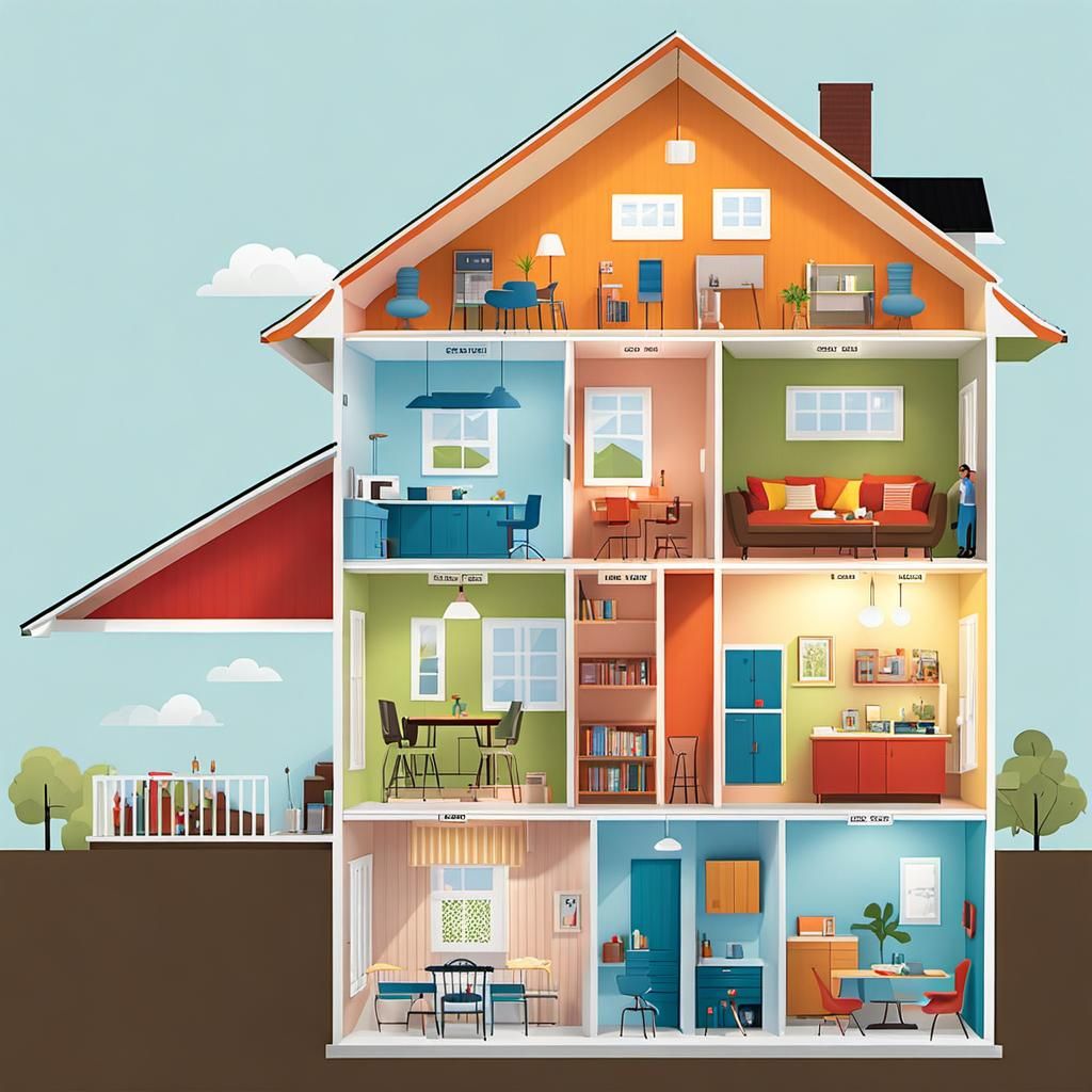 Suburban Home Cross-Section in Ligne Claire Style