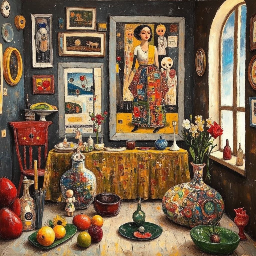 Still Life in Studio: Cubist Surrealist Oil Painting