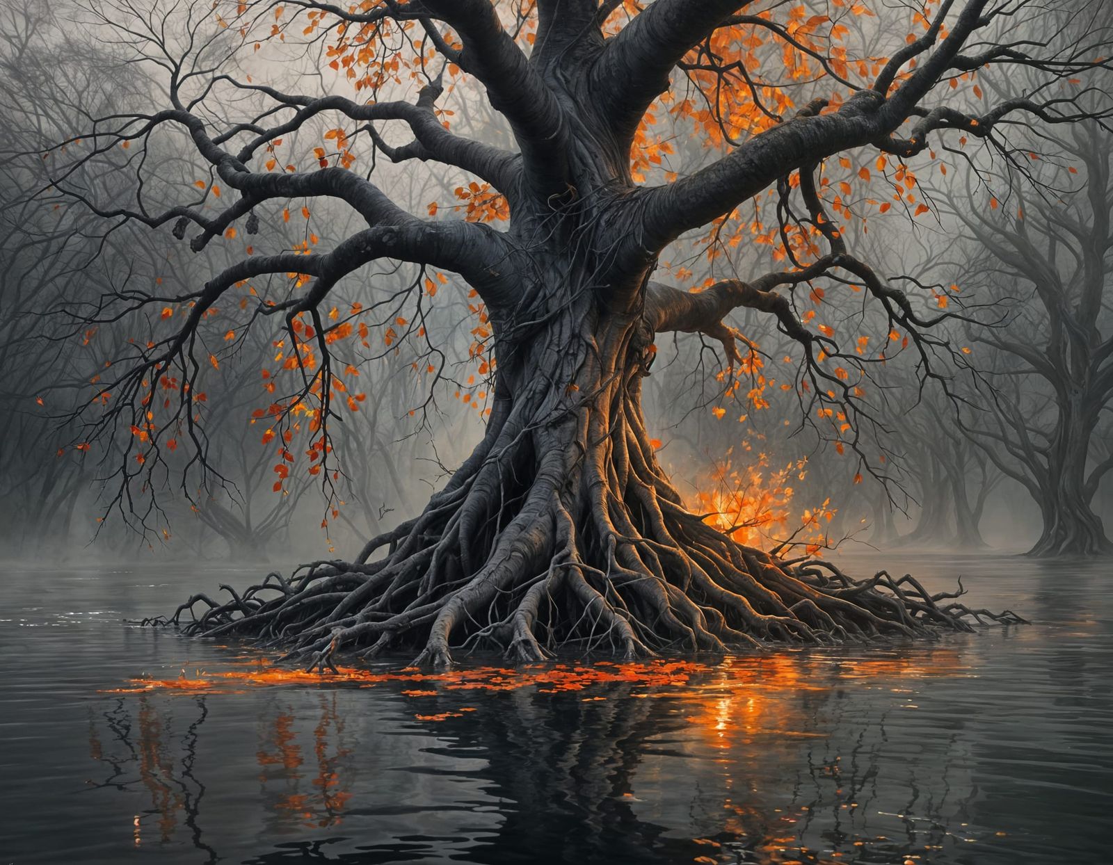 Fantasy Tree with Orange Leaves in Digital Painting Style