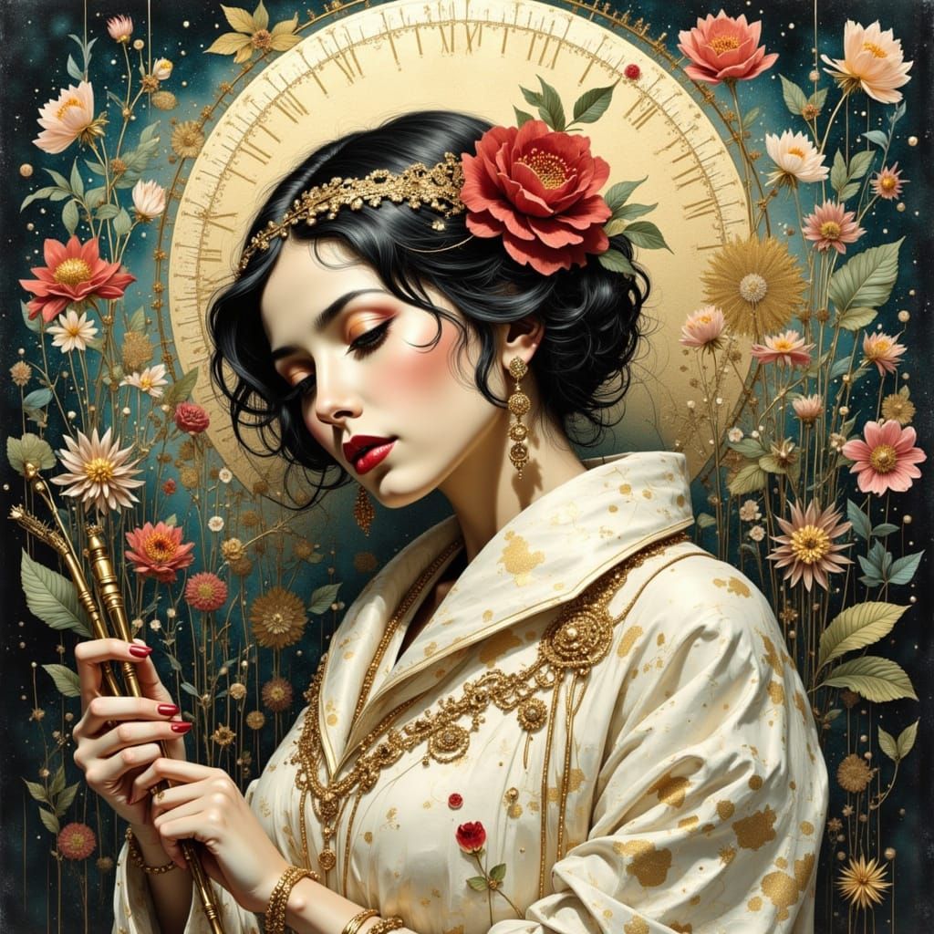 Woman Blossoms Like a Flower in Geometric Nouveau Style