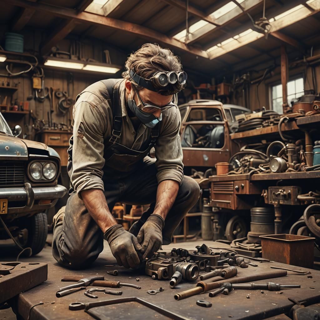 Mechanic at Vintage Garage in Realistic Digital Art