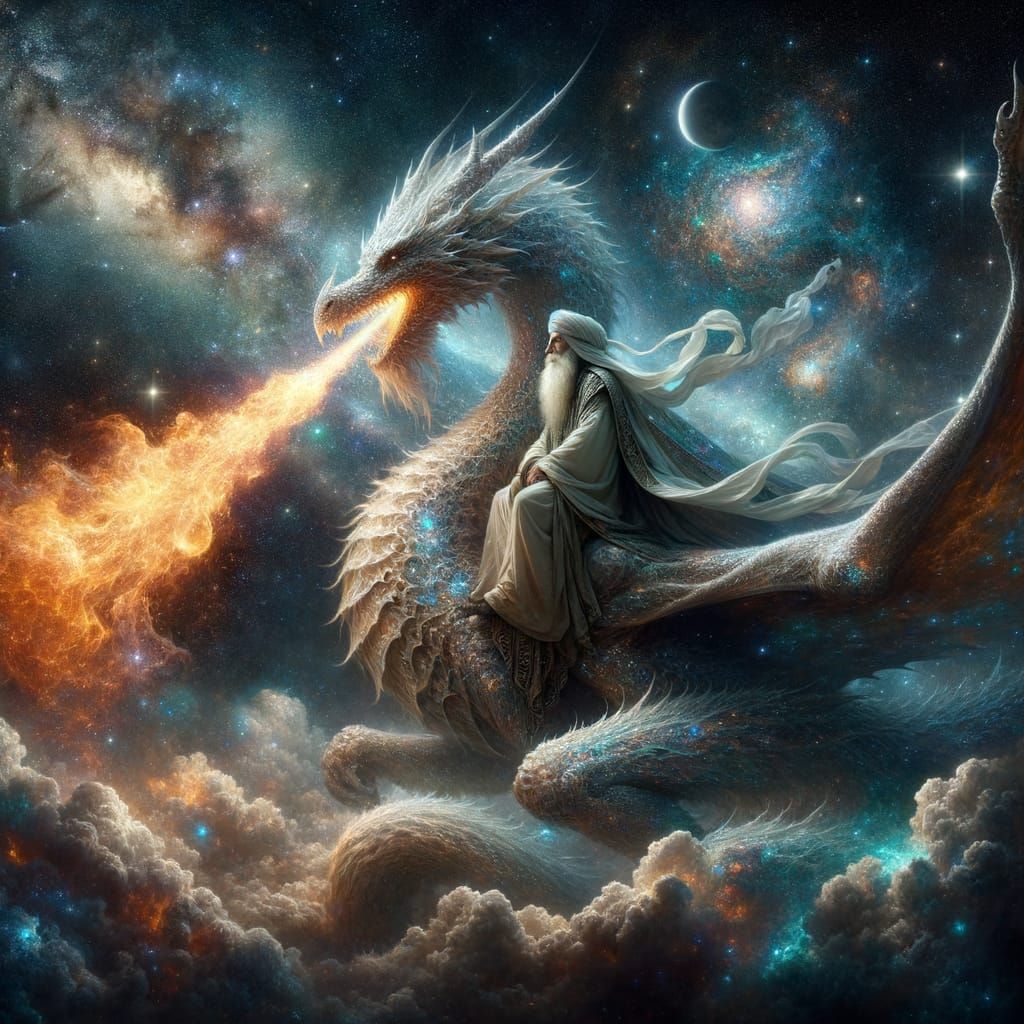 Wizard on Dragon Amidst Cosmic Fire