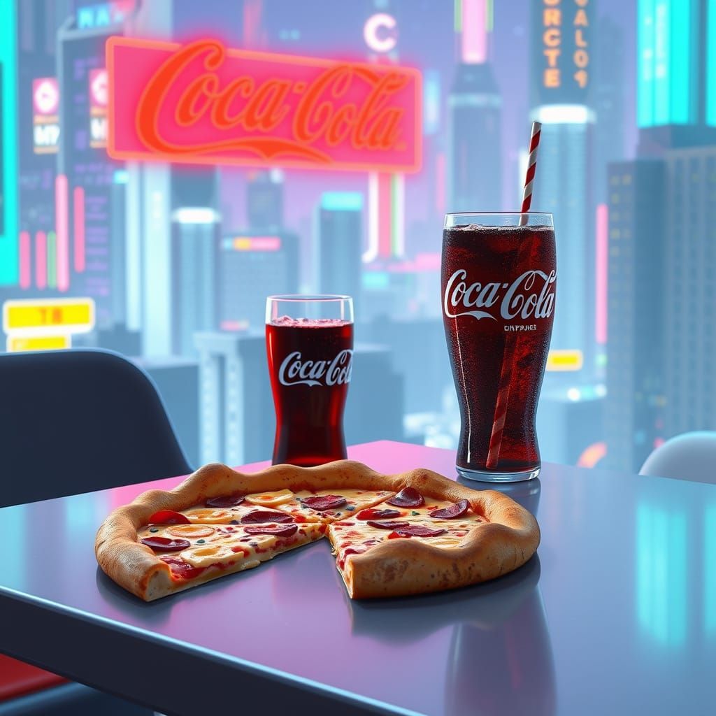 Steaming Hot Pizza in Futuristic Neon Cityscape
